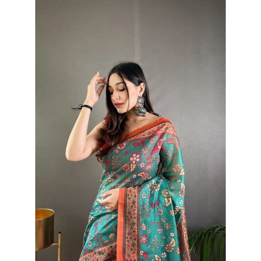 Generic Women's Linen Printed Saree With Unstitched Blouse 5.5Mtr (Olive)