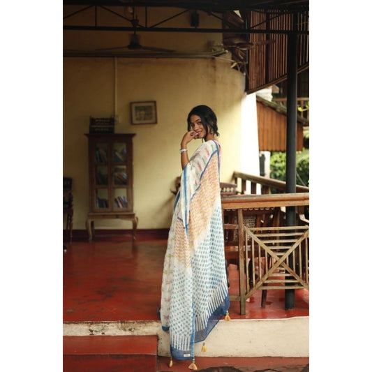 Generic Women's Linen Printed Saree With Unstitched Blouse 5.5Mtr (White)
