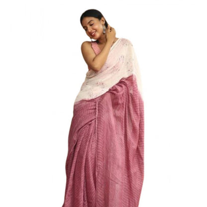 Generic Women's Linen Printed Saree With Unstitched Blouse 5.5Mtr (White)