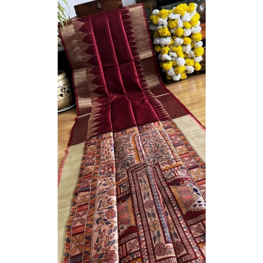 Generic Women's Tussar Silk Madhubani Saree With Unstitched Blouse 5.5Mtr (Maroon)
