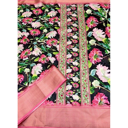 Generic Women's Cotton Silk Floral Printed Saree With Unstitched Blouse 5.5Mtr (Black)