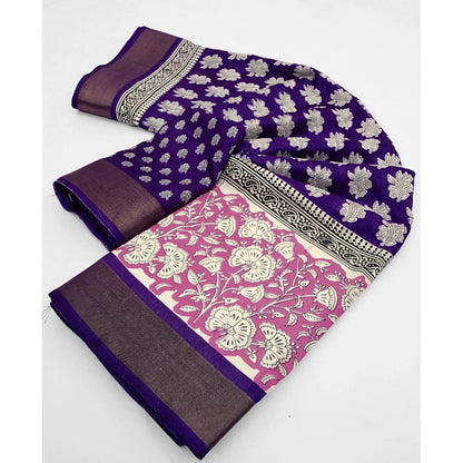 Generic Women's Cotton Blend Printed Saree With Unstitched Blouse 5.5Mtr (Purple)