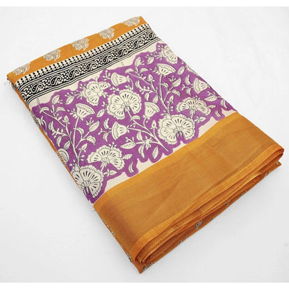 Generic Women's Cotton Blend Printed Saree With Unstitched Blouse 5.5Mtr (Yellow)