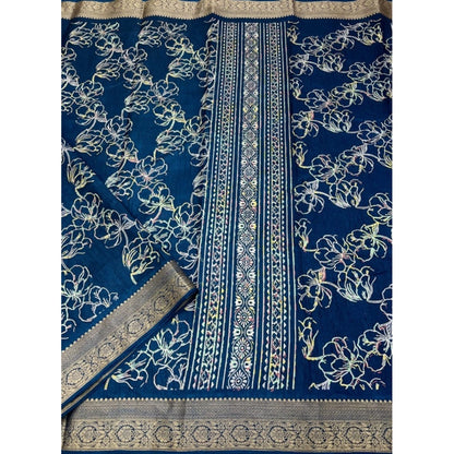 Generic Women's Cotton Silk Floral Printed Saree With Unstitched Blouse 5.5Mtr (Blue)
