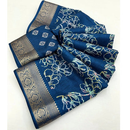 Generic Women's Cotton Silk Floral Printed Saree With Unstitched Blouse 5.5Mtr (Blue)