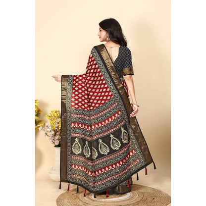Generic Women's Cotton Silk Printed Saree With Unstitched Blouse 5.5Mtr (Red)