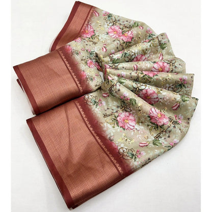 Generic Women's Cotton Silk Floral Printed Saree With Unstitched Blouse 5.5Mtr (Gold)