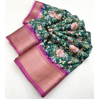 Generic Women's Cotton Silk Floral Printed Saree With Unstitched Blouse 5.5Mtr (Green)