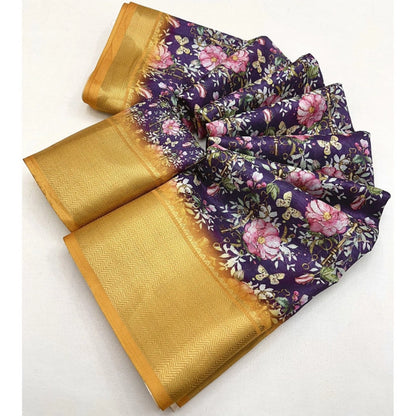 Generic Women's Cotton Silk Floral Printed Saree With Unstitched Blouse 5.5Mtr (Purple)