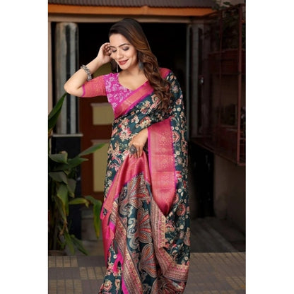 Generic Women's Cotton Silk Floral Printed Saree With Unstitched Blouse 5.5Mtr (Green-Pink)