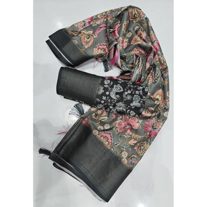 Generic Women's Cotton Silk Floral Printed Saree With Unstitched Blouse 5.5Mtr (Grey-Black)