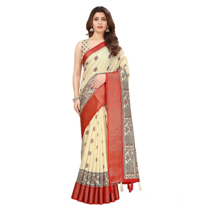 Generic Women's Cotton Silk Printed Saree With Unstitched Blouse 5.5Mtr (Cream)