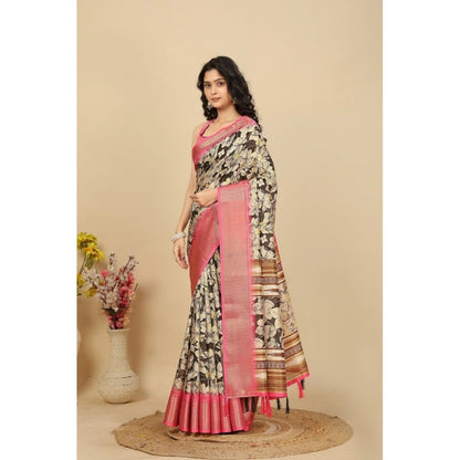 Generic Women's Cotton Silk Floral Printed Saree With Unstitched Blouse 5.5Mtr (Black)