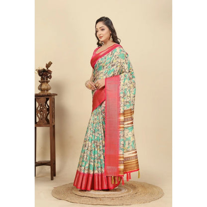 Generic Women's Cotton Silk Floral Printed Saree With Unstitched Blouse 5.5Mtr (Multicolor)