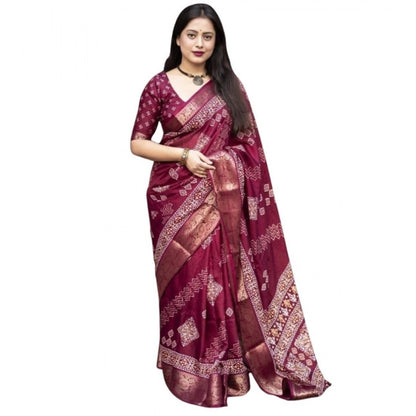Generic Women's Cotton Silk Printed Saree With Unstitched Blouse 5.5Mtr (Wine)