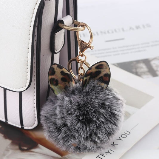 Leopard Print Small Ears Fur Ball Keychain