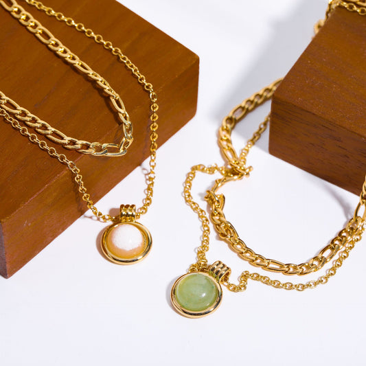 Simple Natural Stone Gem Semi-precious Stone Double Layer Necklace Green Aventurine Figaro Titanium Steel
