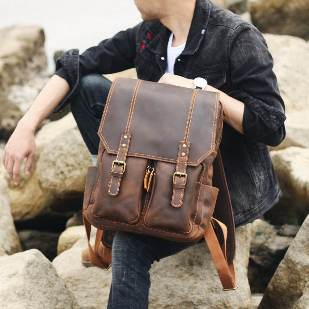 Men's Original Top Layer Cowhide Travel Leather Backpack